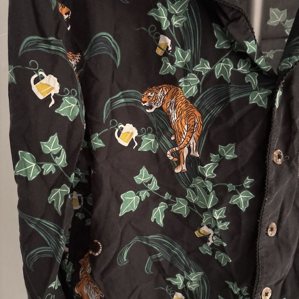 Tombolo "Pub Tiger" Tencel Long Sleeve Shirt L Black Ivy Beer Mug Camp Collar - Picture 3 of 8